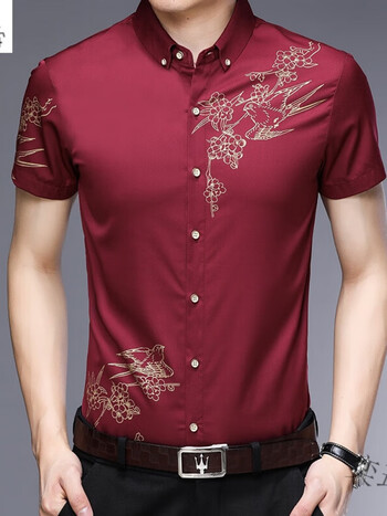 短袖花衬衫商务休闲丝光棉免烫衬衫大码爸爸装48107红色165m48100120