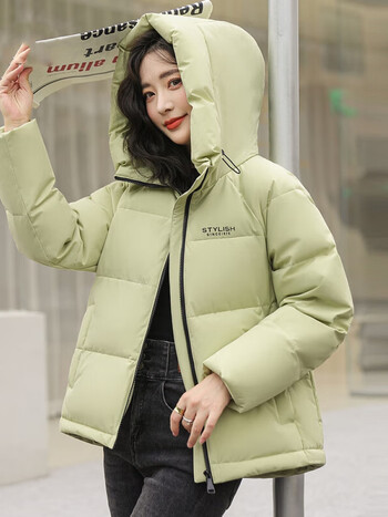 品牌羽绒服女2023年冬季新款短款韩版连帽鸭绒外套女豆绿色185104a