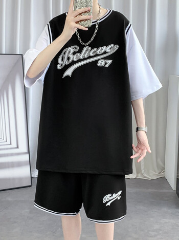 短裤套装男士半袖t恤17岁青少年夏天上衣五分裤一套男装 黑色(男式