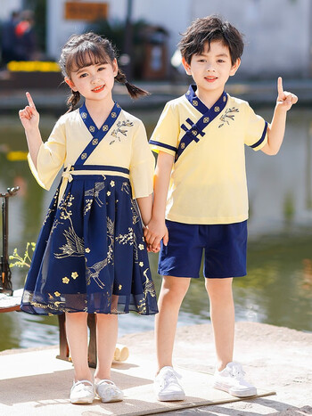 丹鸟王原创儿童汉服男童夏季短袖薄款兄妹中国风女童中式古风唐装小