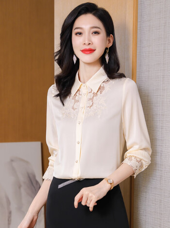 法媞曼丝fedimas真丝衬衫女长袖春秋季女士蕾丝拼接优雅气质上衣女式