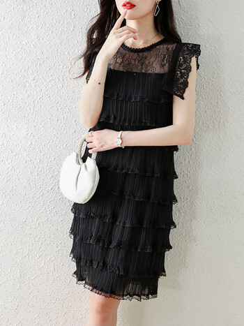 婵忆黑色蕾丝连衣裙2022年夏季新款韩版经典百搭花边圆领气质直筒女神