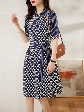 2022新款时尚重磅桑蚕丝系带印花a字裙衬衫裙流行女装新品e18藏青色m