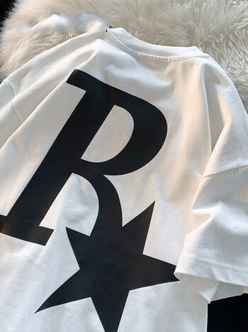 潮牌字母夏季宽松高街百搭休闲港风上衣服体恤白色前后r五角星s7085斤