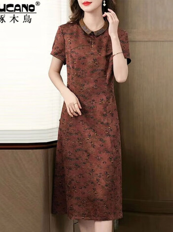 啄木鸟香云纱真丝碎花连衣裙2024新款桑蚕丝旗袍女装小个子红色裙子