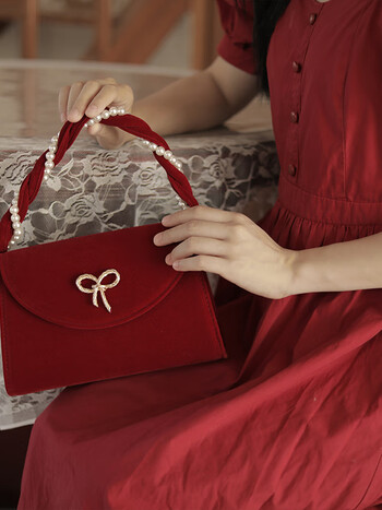 旗景结婚包女新娘包包2022新款潮秋山茶花大容量婚礼红色手提包珍珠包