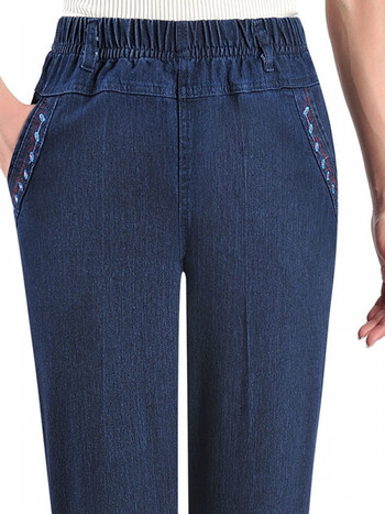 妈妈裤子春秋款牛仔裤绣花高腰宽松老年人长裤女中老年女裤奶奶裤春秋