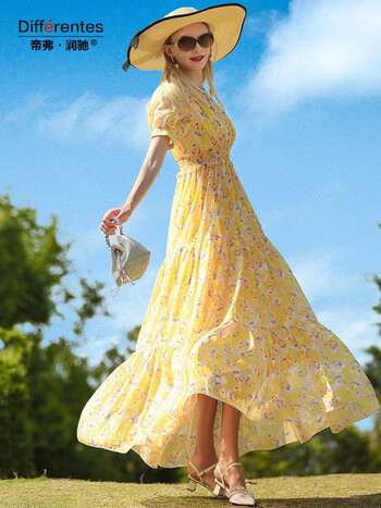 帝弗·润驰2023新款淡黄色印花雪纺长裙度假风夏季连衣裙女到脚踝
