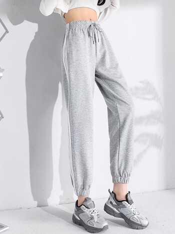 幻黛宽松运动裤女2022春秋薄款休闲束脚裤灰色显瘦灯笼裤卫裤 浅灰白