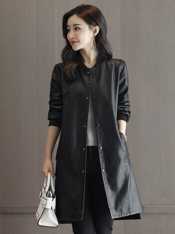 皮衣女真皮2021年春新款宽松时尚风衣中长款绵羊皮夹克外套黑色2xl