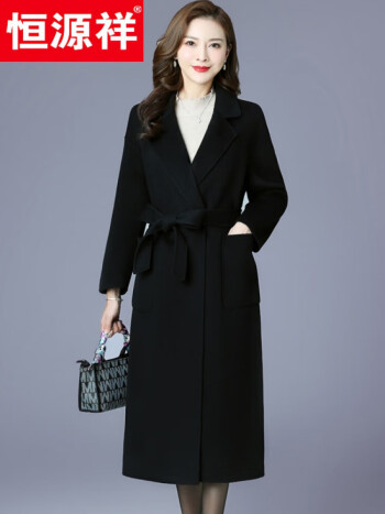 恒源祥双面呢羊绒大衣女中长款过膝秋冬系带收腰妈m装中年羊毛呢外套