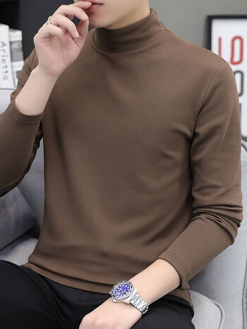 宾色男士打底衫长袖t恤2021秋季韩版高领潮牌修身t恤男咖啡色l
