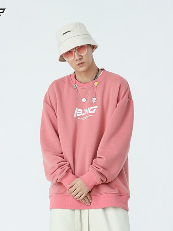 bjhg不计后果春季刺绣字母印花圆领卫衣男潮oversize套头上衣粉红色l