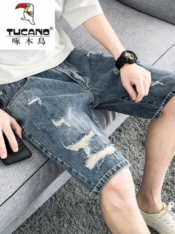 啄木鸟牛仔短裤男夏季薄款男士休闲破洞潮牌浅色夏天2024新款五分中