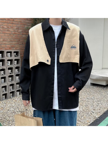 假两件马甲长袖衬衫男装秋季港风日系潮流学生外套ins宽松工装痞帅气