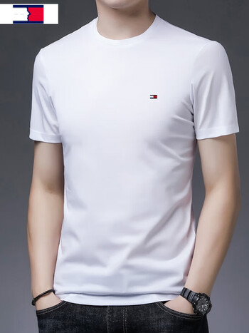 汤米希凯利桑蚕丝短袖t恤男夏季男士短袖t恤白色休闲圆领打底衫体恤