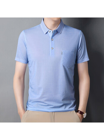 not夏季翻领冰丝短袖t恤男中年有口袋免烫休闲爸爸装半袖男 8901蓝色