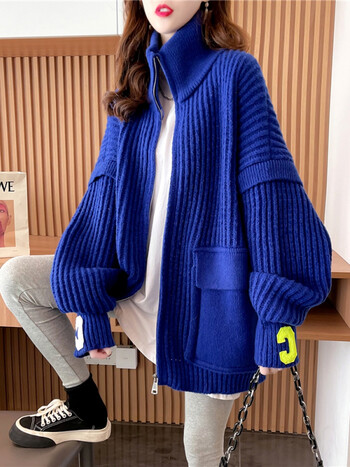 不舍天真2021年秋冬加厚克莱因蓝高领毛衣开衫女慵懒风韩版外套蓝色