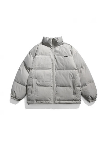 黑金羽绒服冬新款日系复古钢印字母立领国潮青年基础款宽松浅灰色m