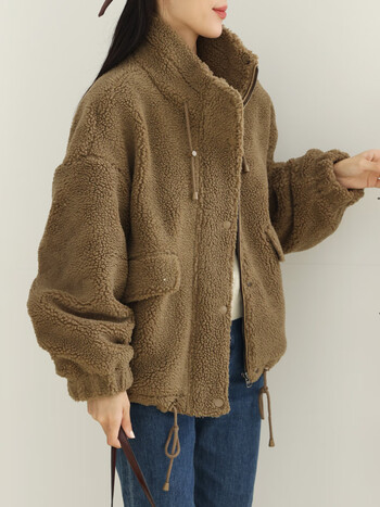 小茸鼠小个子羊羔毛女短款棉衣冬季新款韩版宽松加厚摇粒绒卡其色m