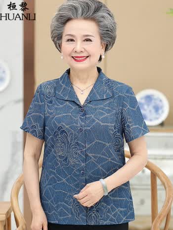 中老年女装奶奶装春装老年人衣服6070岁老人老太太衣服夏季浅蓝短袖单