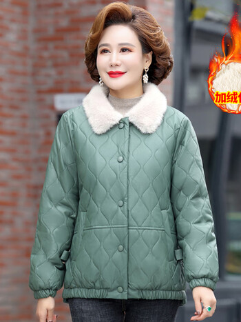 榄舍女装中老年女冬加厚棉服妈妈棉衣冬装加绒外套中年女洋气pu皮棉袄