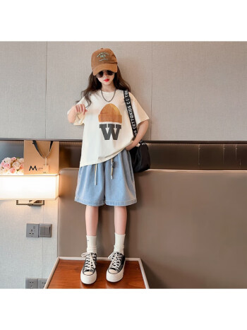 布恋猫13岁女孩衣服套装夏季牛仔中裤4-15岁儿童韩版夏装印花短袖两件