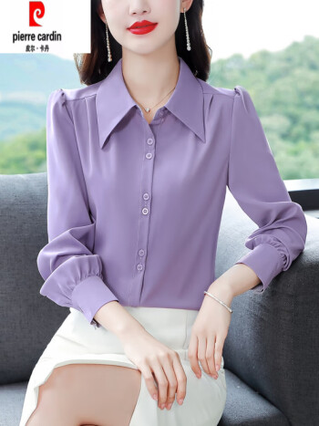 皮尔卡丹蓝色雪纺女士衬衫女春季2024新款时尚春装长袖衬衣早春款上衣