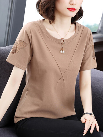 皮尔卡丹pierrecardin刺绣短袖t恤女2024年新款宽松女士纯棉上衣中年