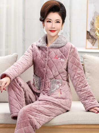 莫代尔中老年人春秋冬季贝贝绒夹棉长袖睡衣女款大码宽松保暖家居服