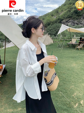 皮尔卡丹pierrecardin白色外搭防晒衬衫外套女夏季宽松薄款设计感小众