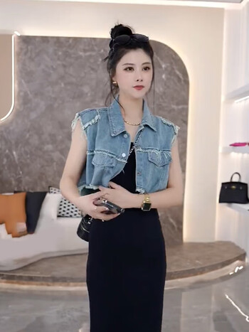 cardin)设计感外搭开衫磨毛流苏薄款牛仔外套女夏短款无袖上衣马甲