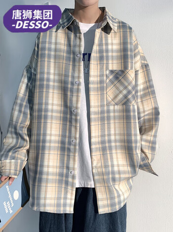 desso唐狮集团长袖格子衬衫男士春夏季港风休闲男生潮流百搭衬衣外套