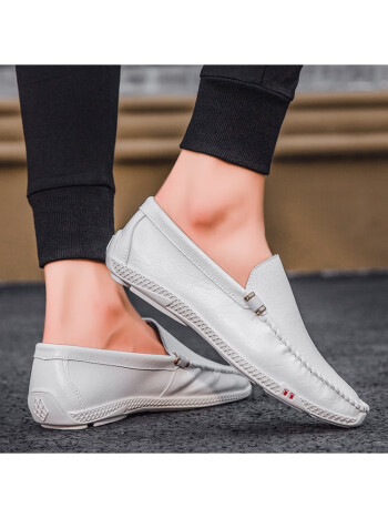 犀牛品尚白色豆豆鞋男透气潮鞋韩版潮流休闲男鞋春夏季新一脚蹬小皮鞋