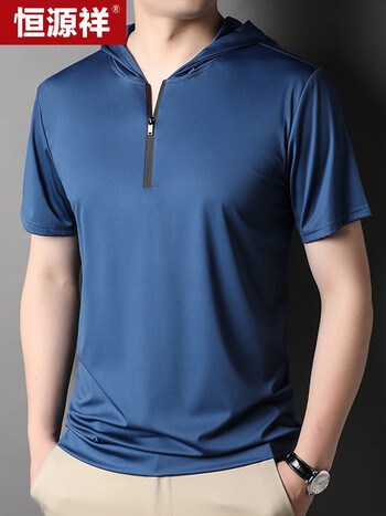 男装拉链款纯色连帽套头上衣夏季半袖薄款t恤 20705755 蓝色 165/48