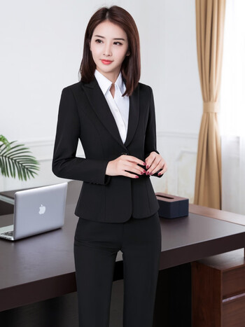 春秋新款女套装气质职场面试正装长袖职业套装女工作服 黑色西装 半裙