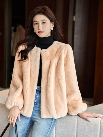 【官网精选】海宁皮草貂皮大衣女整貂圆领水貂毛小短款外套进口天鹅绒