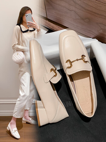 艾斯臣acesc方头乐福鞋单鞋女款粗跟一脚蹬百搭时尚女鞋j0yjwa米色38