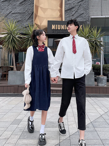 悠丛一衣一裙情侣装秋装英伦学院风衬衫jk制服校服套装学生班服潮白色