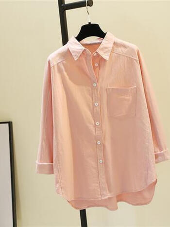 新款纯色长袖衬衫女学生宽松显瘦韩版衬衣女外套粉色100纯棉m95110斤