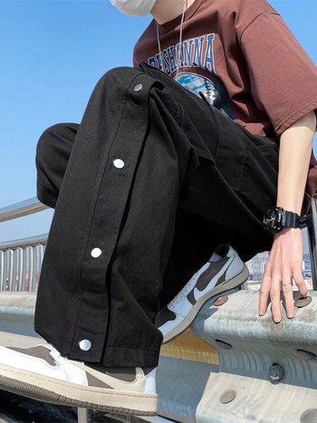 额府 阔腿裤男夏季宽松直筒工装裤潮牌ins港风休闲裤韩版潮流男生排扣