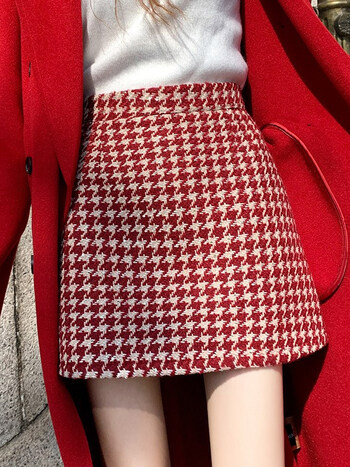 瑞卡澜rg ck l意大利高端名牌圣诞节红色千鸟格子半身裙女高腰字短裙