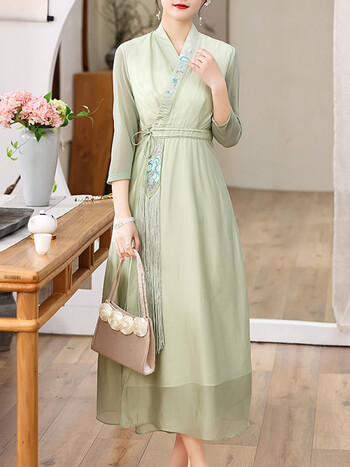 汉服夏款女改良茶服新中式禅意女装高端年轻款连衣裙绿色s