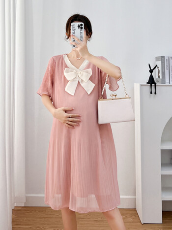 亦歆孕妇夏装雪纺连衣裙时尚宽松百褶蝴蝶结中长款孕妇夏季薄款裙