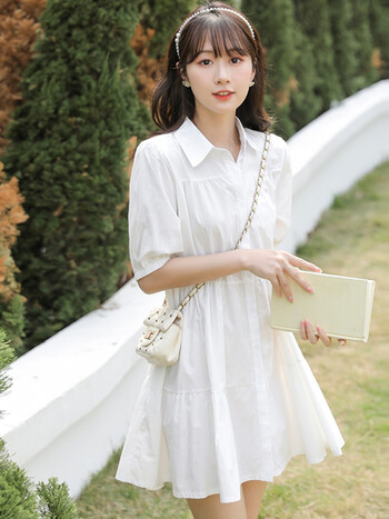 生2022夏新款韩版宽松连衣裙女设计感小众学院风短袖a字衬衫裙白色m