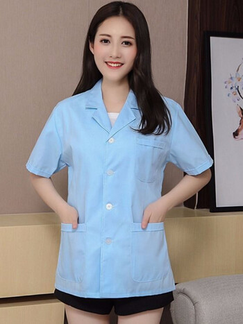 小褂医生服半短衣短款医师早餐卫生工作服男女蓝色长袖 蓝色女士短袖