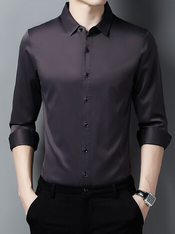 皮尔卡丹品牌高档男装 秋季中年男士长袖西装衬衫垂坠感冰丝绸轻奢