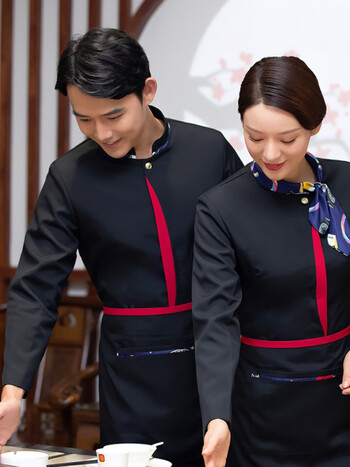 工衣酒店工作服长袖饭店餐饮火锅店中餐厅秋冬装女 女款黑色衣服 围裙