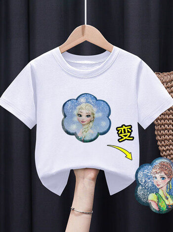 授权女童变色t恤新款儿童双面亮片短袖艾莎公主衣服星黛露童装上衣