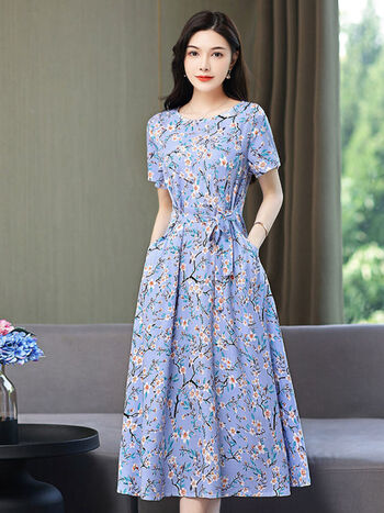 鸢浅 高档大花裙子夏装棉绸连衣裙情侣修身过膝长裙气质阔太太印花大